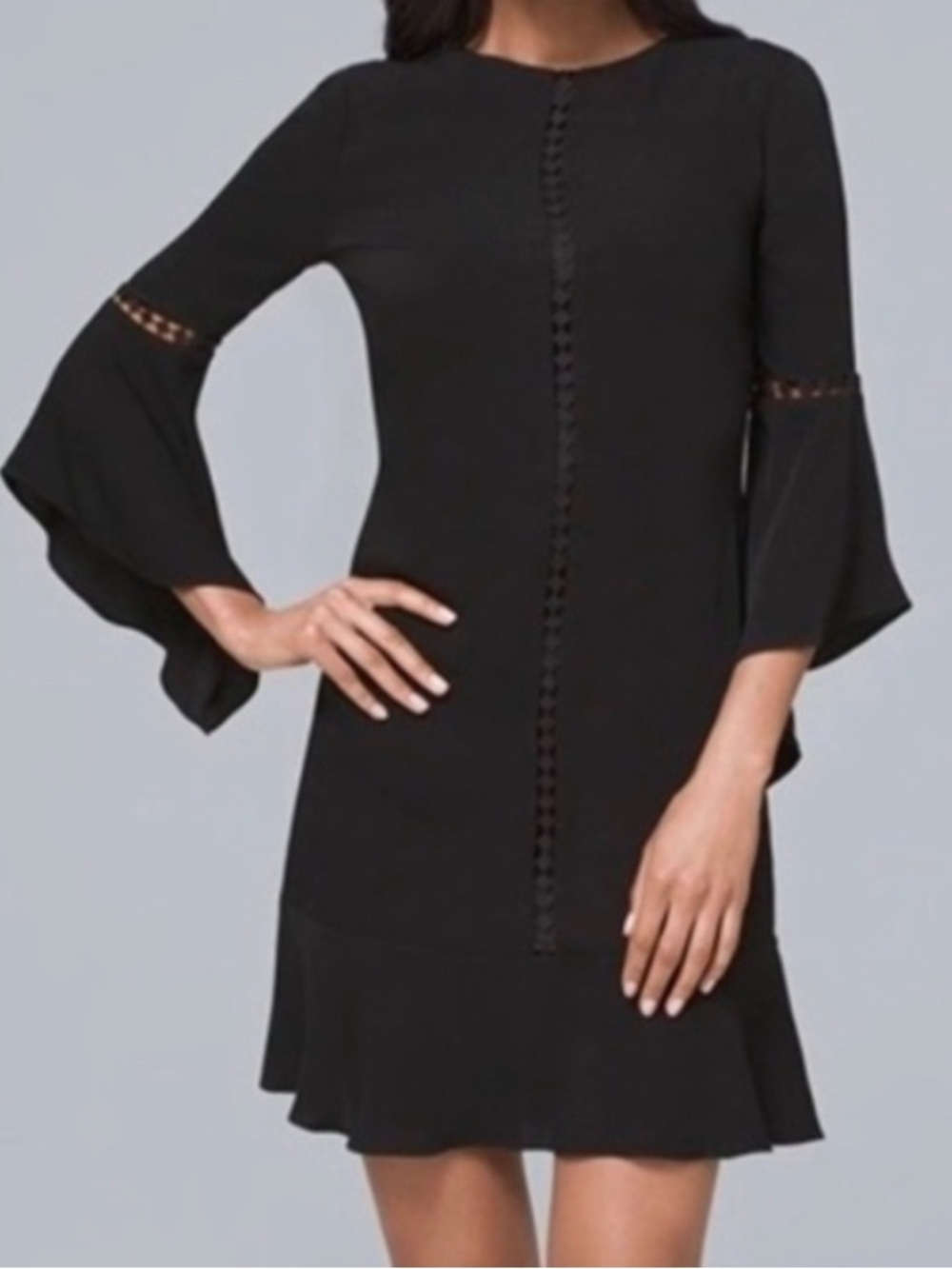 White House Black Market Dress, Bell Sleeves Lace Lined, Black | Size 2